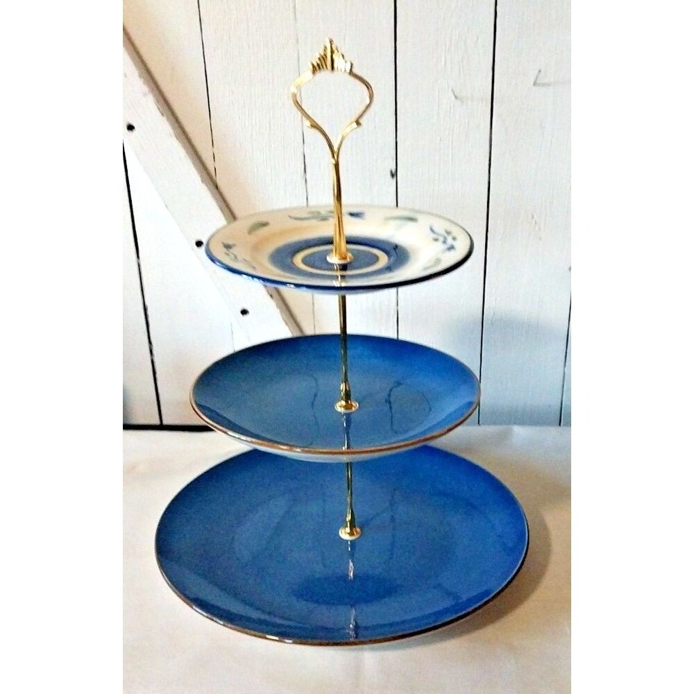 Three Tier Serving / Display Tray Tidbit Blue/w Gold Trim, White Floral Ceramic